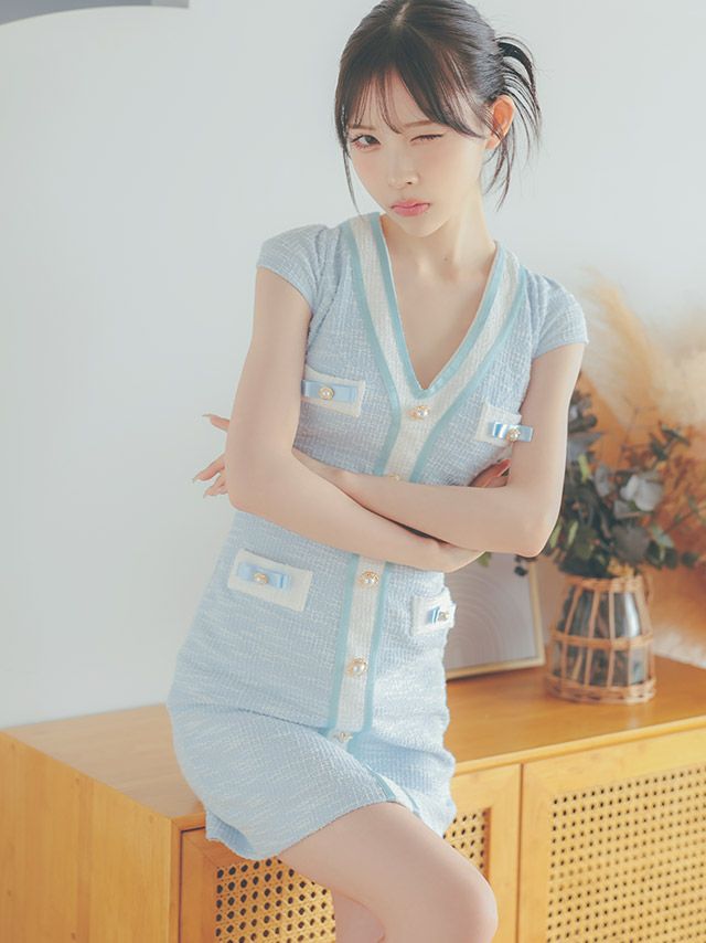 爽やかブルーツイード×上品パイピングで清楚可愛いを叶える主役級ドレス♡