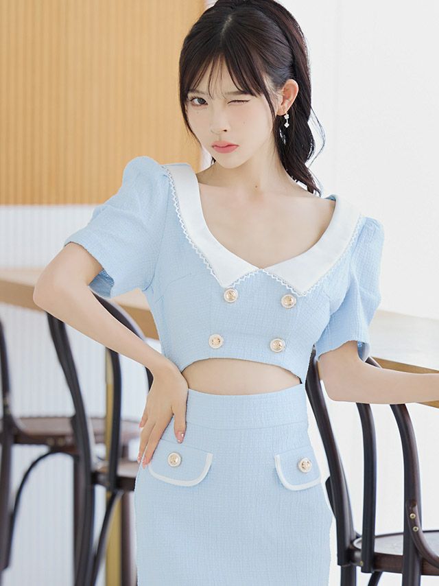 水色ツイードの襟付きパフスリーブタイトドレス♡