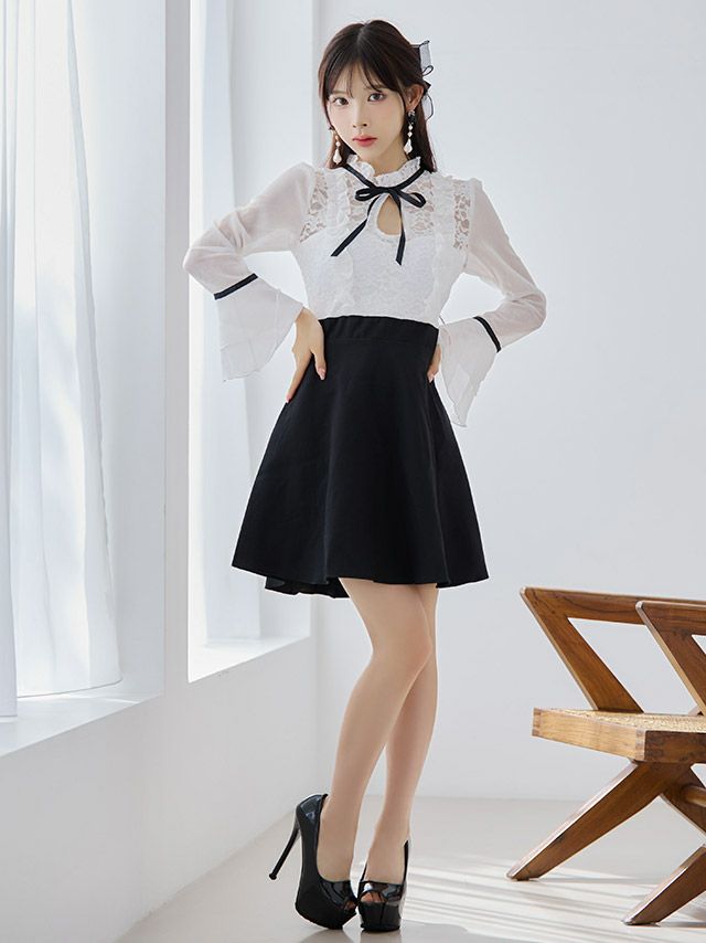 ハイウエスト切替で脚長効果◎ 長袖フレアドレスで上品コーデドレス♡