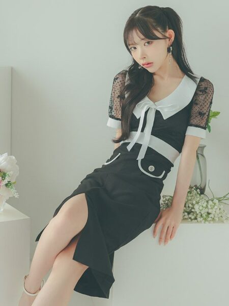 透け感のある袖がセクシーな膝丈ドレス