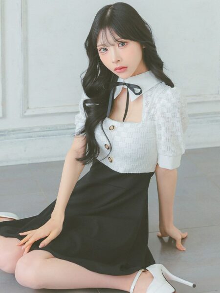 襟デザインとネックリボンデザインで上品な印象になるウエスト切り替えドレス